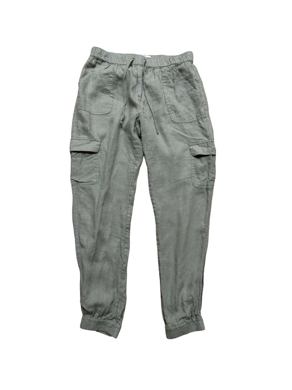 Nicole Miller New York Linen Cargo Jogger Pants Green M Drawstring Pockets